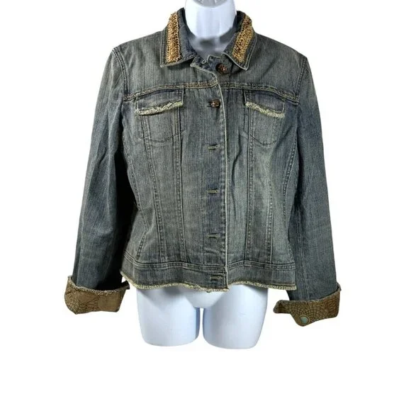 Elie Tahari Womens Beaded Collar Denim Jacket Floral Lining Button Front Size L - Picture 4 of 16